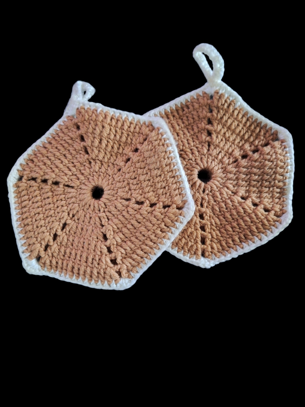 Handmade New Crochet Hexagon Pot Holders in Cinnimon Tan with White Trim